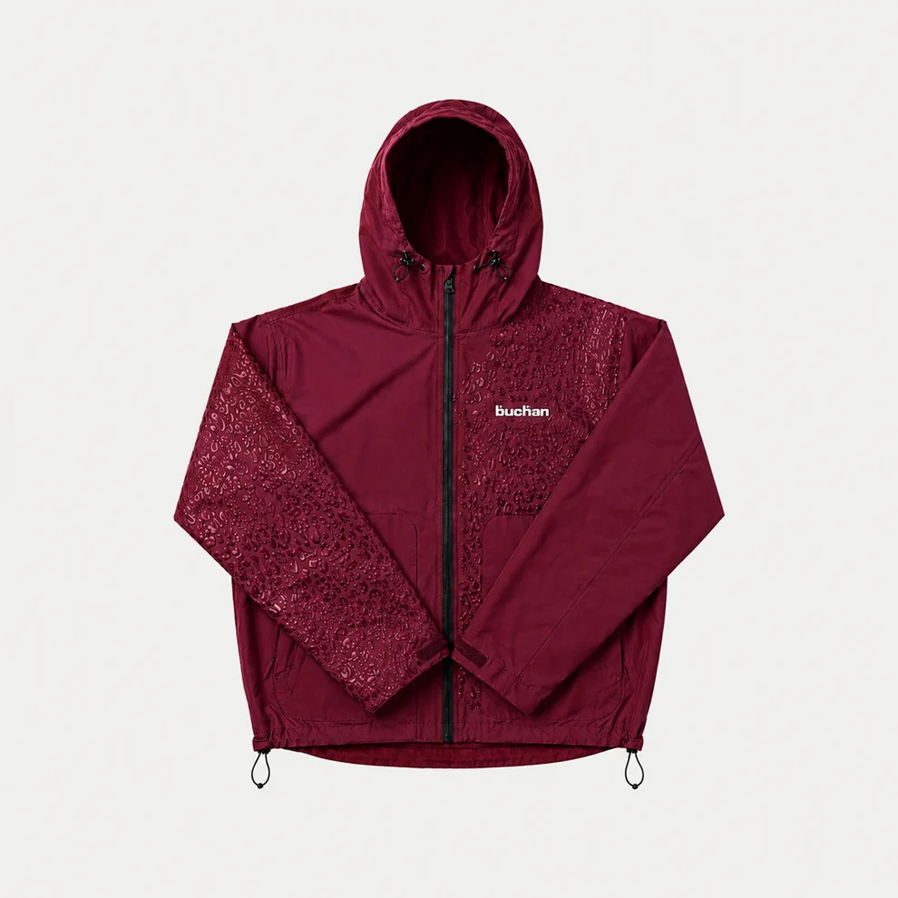 Water-Reactive Cheetah Rain Jacket in Burgundy