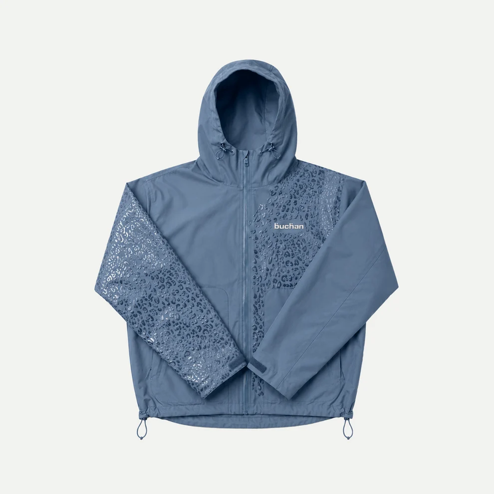 Water-Reactive Cheetah Rain Jacket in Slate Blue